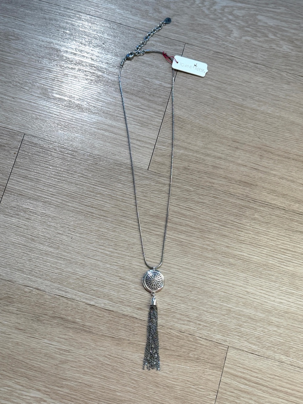 Towne & Reese New Silver Tone Long Necklace Chain Tassel Round Pendant Necklace